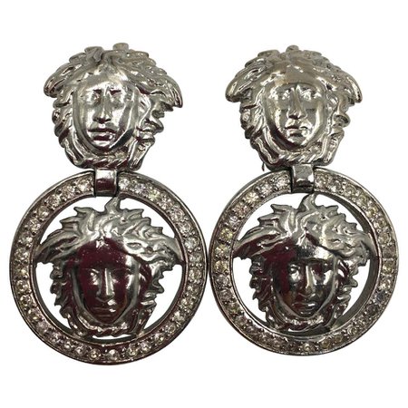 Gianni Versace Silver Tone Medusa Clip On Drop Earrings For Sale at 1stdibs