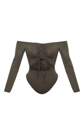 Shape Khaki Ruched Detail Bardot Bodysuit | PrettyLittleThing USA
