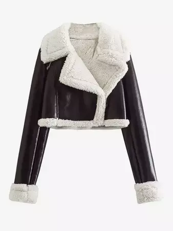 Women's PU Contrast Faux Fur Lined Borg Lapel Collar Inclined Zip Crop Biker Jacket In DEEP COFFEE | ZAFUL 2023
