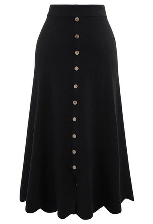 Chic Wish Scrolled Hem Button Knit Midi Skirt in Black - Retro, Indie and Unique Fashion