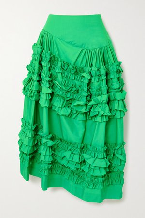 Otis Asymmetric Ruffled Cotton Midi Skirt - Green