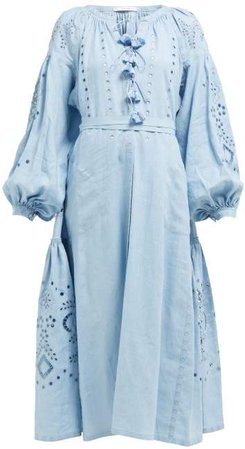 Vita Kin - Broderie Anglaise Linen Midi Dress - Womens - Light Blue