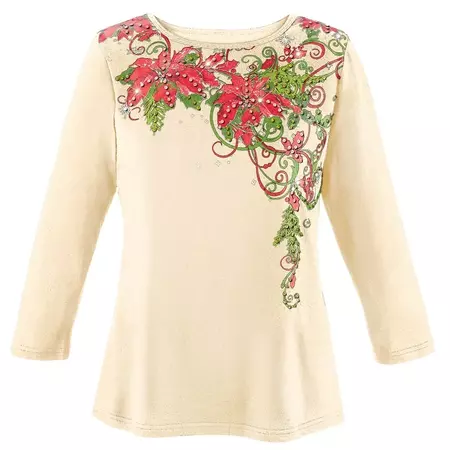 Collections Etc Women's Poinsettia Sequin Christmas Top with 3/4 Sleeves Cream XX-Large - Walmart.com