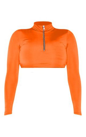 Shape Neon Orange Zip Detail Long Sleeve Crop Top | PrettyLittleThing USA