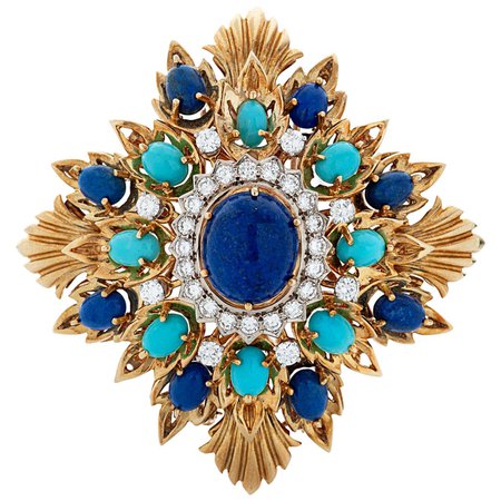 Vintage Montclair Diamond, Lapis and Turquoise 18k Yellow Gold Brooch / Pendant For Sale at 1stDibs