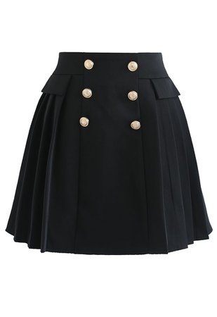 Subtle Golden Button Pleated Mini Skirt in Black - Retro, Indie and Unique Fashion