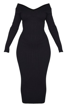 Black Off Shoulder Rib Knitted Midaxi Dress | PrettyLittleThing USA