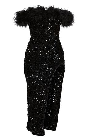 Black Feather Trim Bardot Sequin Midi Dress | PrettyLittleThing USA