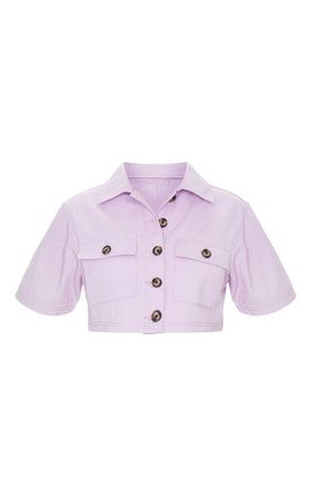 Lilac Button Up Pocket Denim Short Sleeve Shirt | PrettyLittleThing