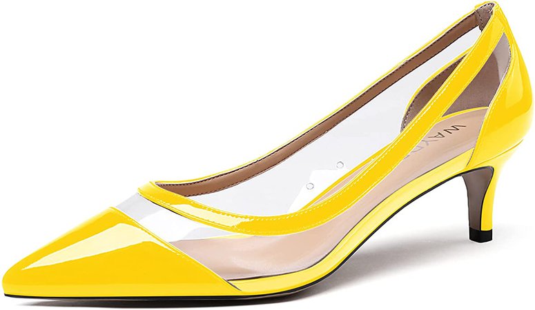 Amazon.com | WAYDERNS Women's Yellow Low Heel 2 Inch Slip On Kitten Clear Patent Leather Pointed Toe Pumps Shoes Size 8 - Zapatos de Mujer | Pumps