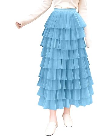 ebossy Women's Sweet Elastic Waist Tulle Layered Ruffles Mesh Long Tiered Skirt (XX-Large, Blue) at Amazon Women’s Clothing store