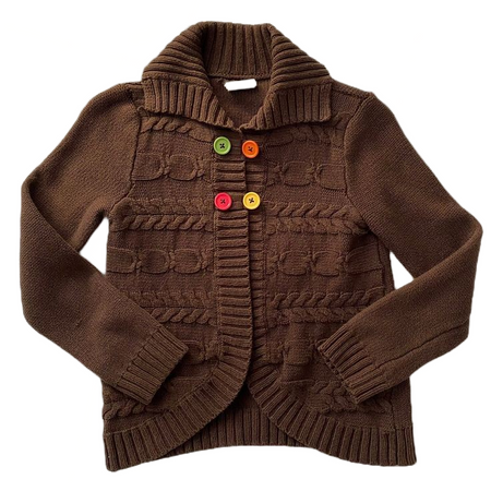 brown cardigan colorful buttons