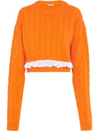 Shop orange Miu Miu lace trim crew neck sweater with Express Delivery - Farfetch