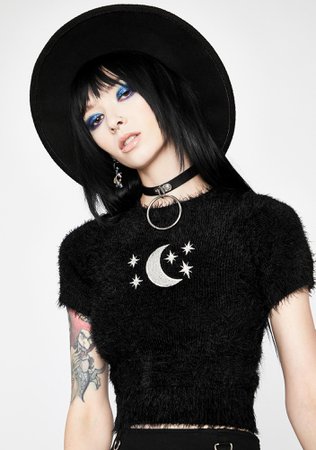 Horoscopez Pisces Embroidered Moon Fuzzy Cropped Sweater - Black | Dolls Kill