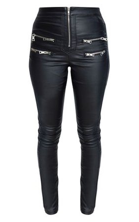 Black Biker Detail Coated Skinny Jeans | PrettyLittleThing