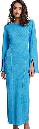 Amazon.com: DHONDT Blue Patchwork Women Knitted Maxi Dress O-Neck Split Long Sleeve Slim Dresses Lady Solid Party Club Robe: Clothing, Shoes & Jewelry