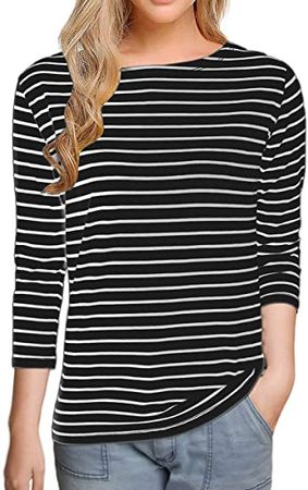 Remidoo Women Boat Neck Striped T-Shirt Short Sleeve / 3/4 Sleeve/Long Sleeve Tees Slim Fit Blouses Tops at Amazon Women’s Clothing store