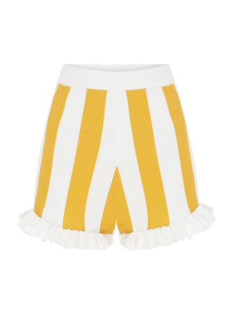 Raisa Vanessa The Lake House Striped Rib-Knit High-Waisted Ruffle Shorts | SaksFifthAvenue
