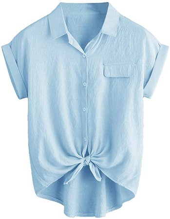 Milumia Women Casual V Neck Collar Knot Hem Button Down Rolled Cuff Short Sleeve Work Blouses Shirt Tops at Amazon Women’s Clothing store