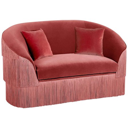 Hand Tailored Fringes 2-Seat Sofa in Antique Pink Velvet For Sale at 1stDibs