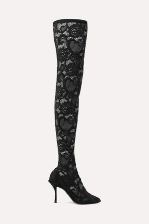 Stretch-lace And Tulle Over-the-knee Sock Boots - Black