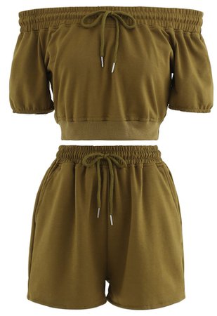 Drawstring Off-Shoulder Crop Top and Shorts Set in Moss Green - Retro, Indie and Unique Fashion