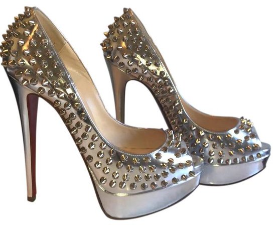 *clipped by @luci-her* Christian Louboutin Silver Lady Peep Specchio Spikes Platforms Size US 7.5 Regular (M, B) - Tradesy