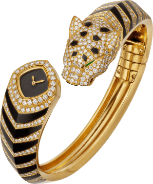 Cartier, Panthère Jewelry Watch 18 mm, quartz, yellow gold, diamonds, emeralds, lacquer