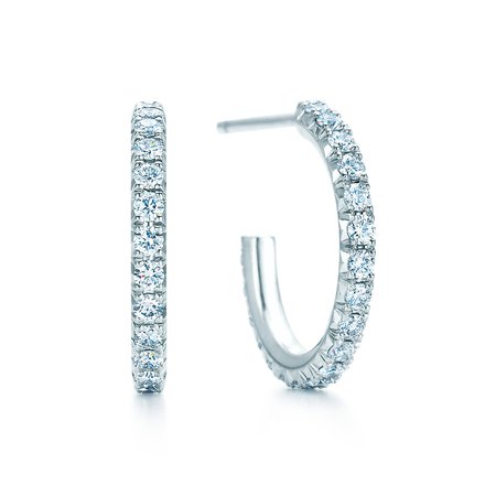 Tiffany Metro hoop earrings in 18k white gold with diamonds, small. | Tiffany & Co.