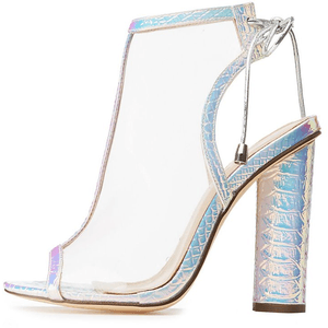 Holographic Faux Snakeskin Peep Toe Sandals