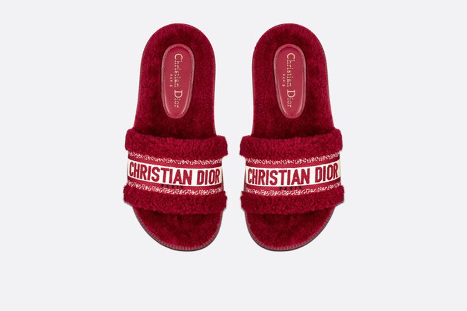 Dway Slide Scarlet Red Embroidered Cotton and Shearling | DIOR