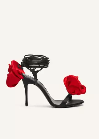 Double red flower heel sandals in black satin | Magda Butrym