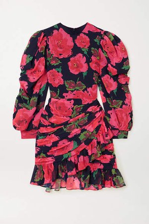 Gathered Floral-print Chiffon Mini Dress - Pink