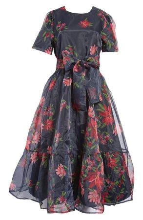 Rachel Parcell Floral Print Tie Waist Organza Midi Dress | Nordstrom
