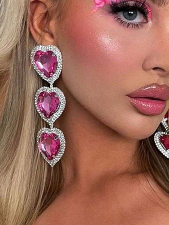 1pair Pink Rhinestone & Silver Plated Heart Shaped Pendant Earrings For Women, Wedding, Party, Valentine'S Day, Birthday Gift | SHEIN USA