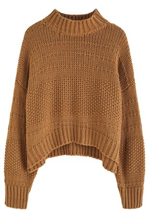 Mock Neck Hi-Lo Chunky Knit Sweater in Caramel - Retro, Indie and Unique Fashion