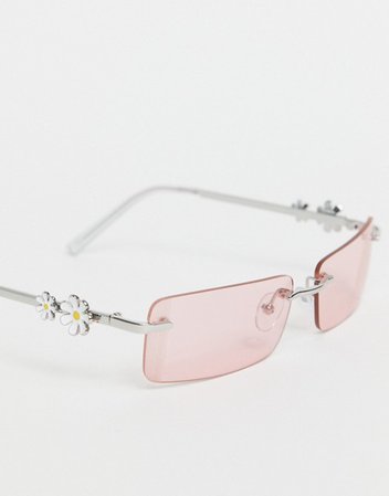 ASOS DESIGN 90's rimless sunglasses with daisy charm arm in pink lens | ASOS