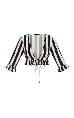 Petite Black Monochrome Stripe Tie Front Blouse | PrettyLittleThing
