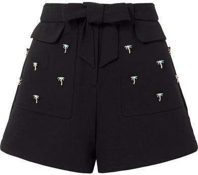 Embellished Stretch-crepe Shorts - Black