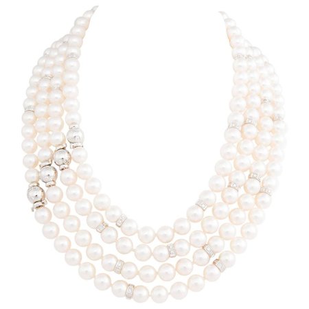 Ella Gafter Four Strand Japanese Pearl and Diamond Necklace