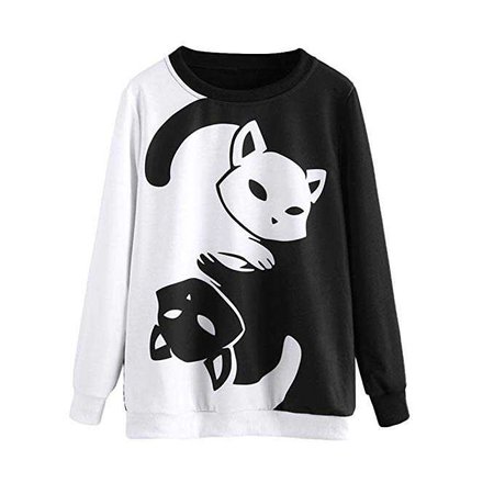 Luca Hot Sales Hight Fashion Black&White Womens Cat Printing Long Sleeve Sweatshirt Pullover Tops Blouse (Black&White, XL) at Amazon Women’s Clothing store: