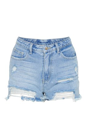 PLT Light Blue Wash Ripped Denim Shorts | PrettyLittleThing USA