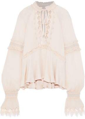 Lace-trimmed Georgette-paneled Silk Blouse