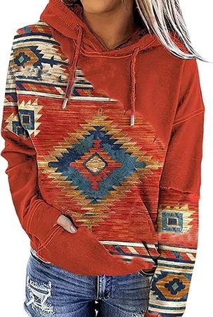 Amazon.com: Western Tops for Women Vintage Graphic Hoodie Pullover Long Sleeves Cow Girl Aztec Ethnic Shirt Orange L : Clothing, Shoes & Jewelry