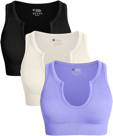 BEIGE OQQ Women's 3 Piece Medium Support Crop Top Seamless Ribbed Removable  Cups Workout Yoga Sport Bra Black Beige Blue