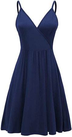 WEACZZY Women's Sundress V Neck Floral Spaghetti Strap Summer Casual Backless Swing Dress with Pocket (Small, Navy Blue) at Amazon Women’s Clothing store