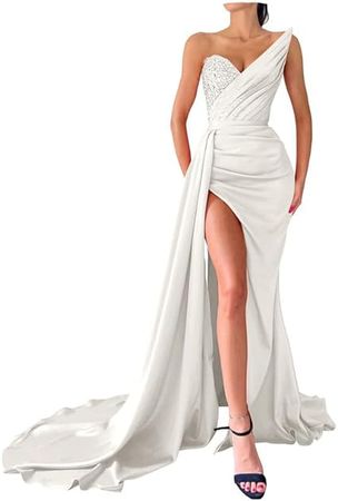 Uzqast Women Beaded Formal Evening Gown High Slit Prom Party Dress Strapless Satin Wedding Guest Dress at Amazon Women’s Clothing store