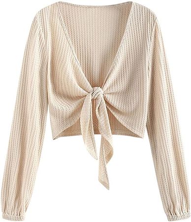 ZAFUL Womens V Neck Solid Ribbed Button Up Cardigan Knit Long Sleeve Surplice Top Sweaters T-Shirt Beige at Amazon Women’s Clothing store