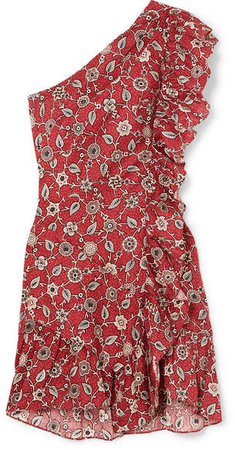 Teller One-shoulder Ruffled Printed Linen Mini Dress - Red