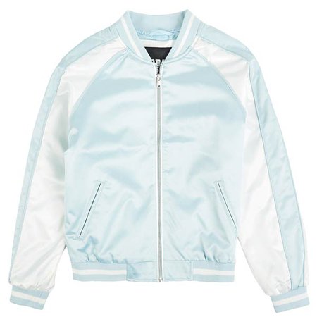 White/blue satin bomber jacket sporty casual